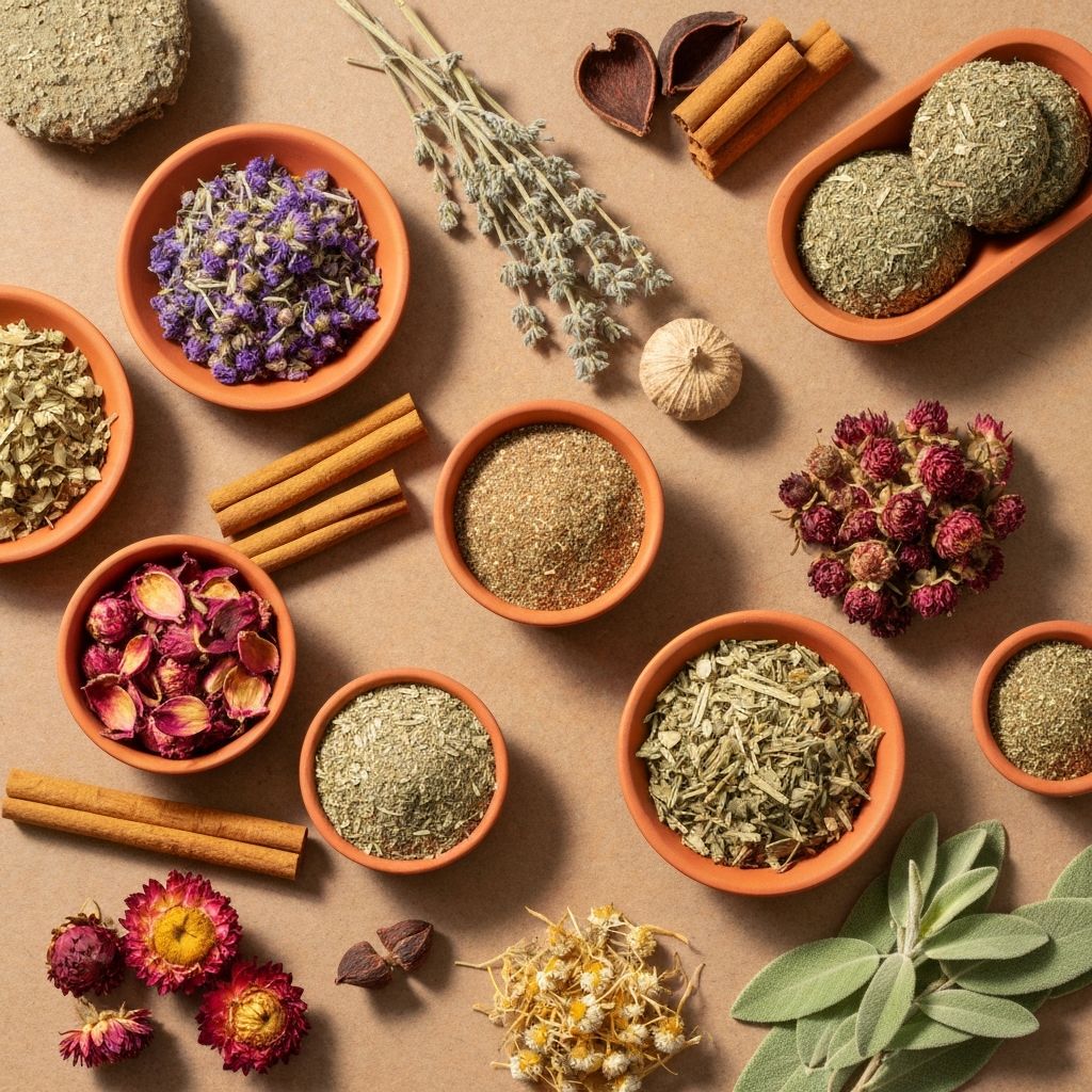 Collection of medicinal herbs and herbal preparations